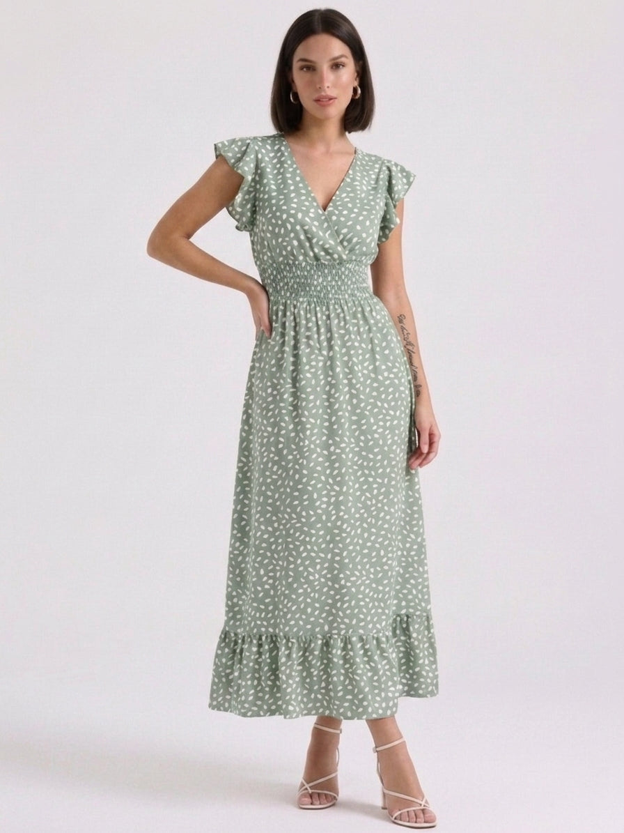Robe Ceinturée Col V Printemps Été