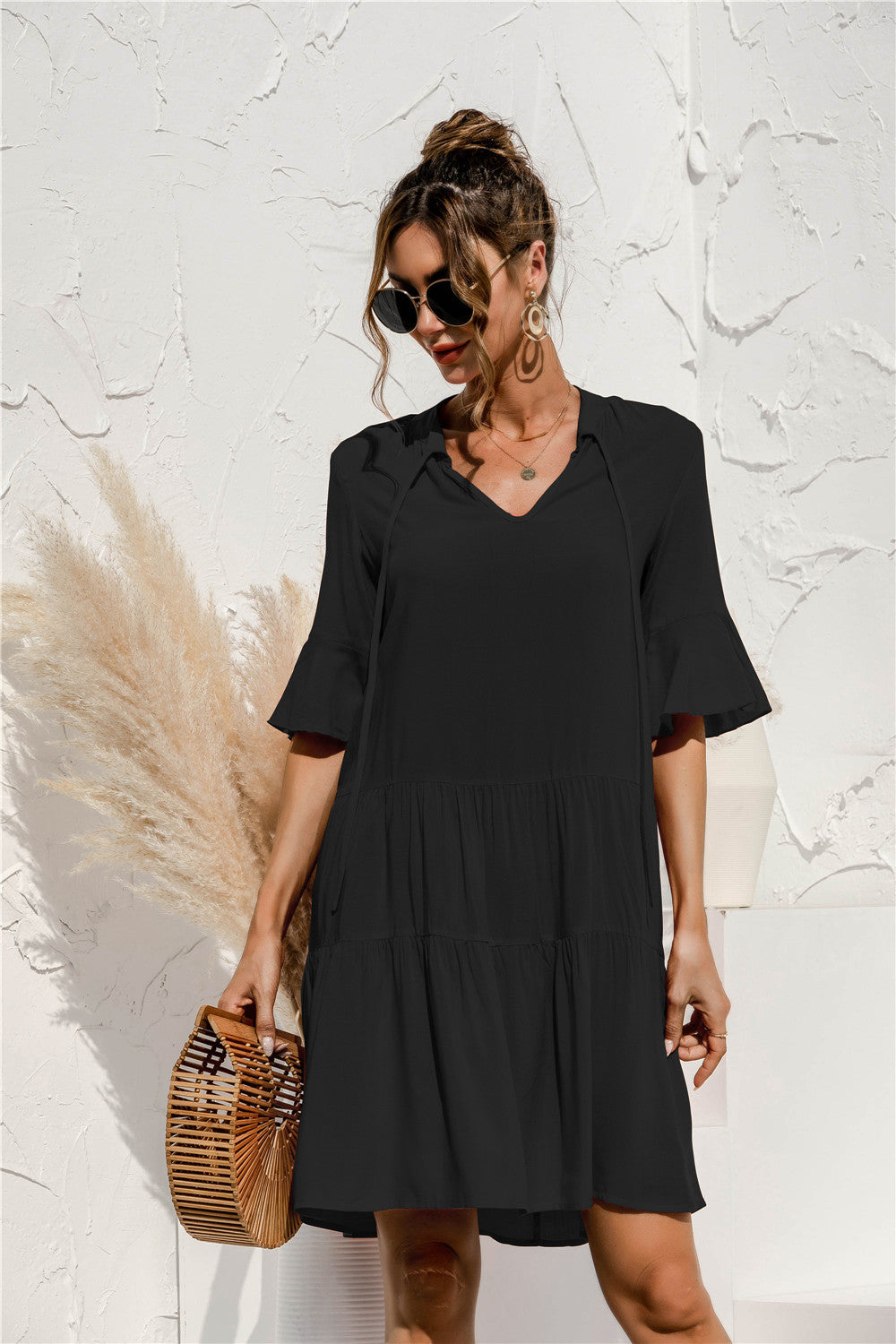 V-Neck Flare Sleeve Dress