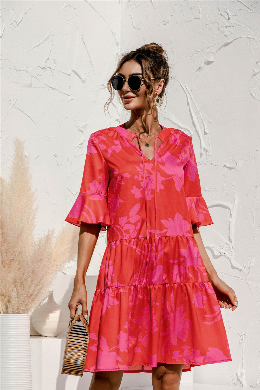 V-Neck Flare Sleeve Dress