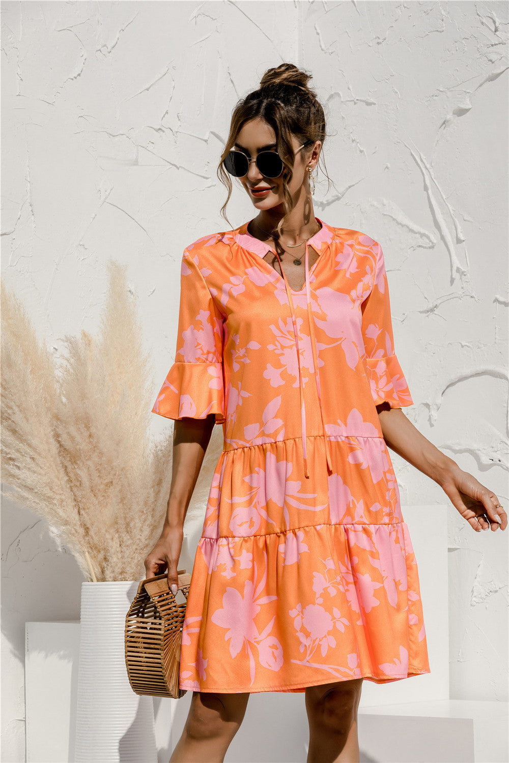 V-Neck Flare Sleeve Dress