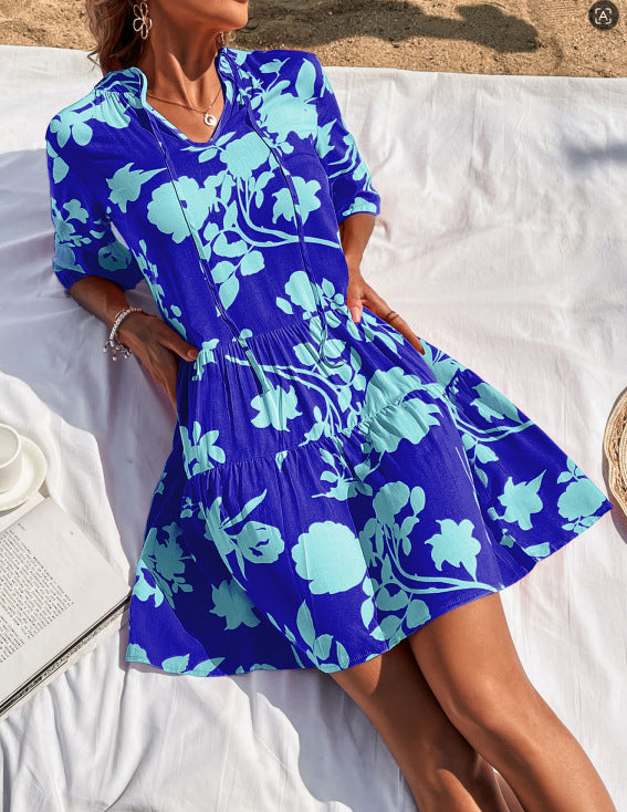 V-Neck Flare Sleeve Dress