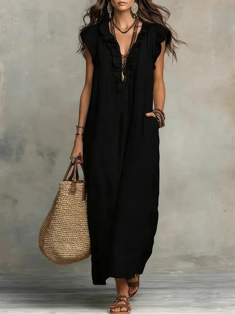 Casual V-Neck Lotus Skirt