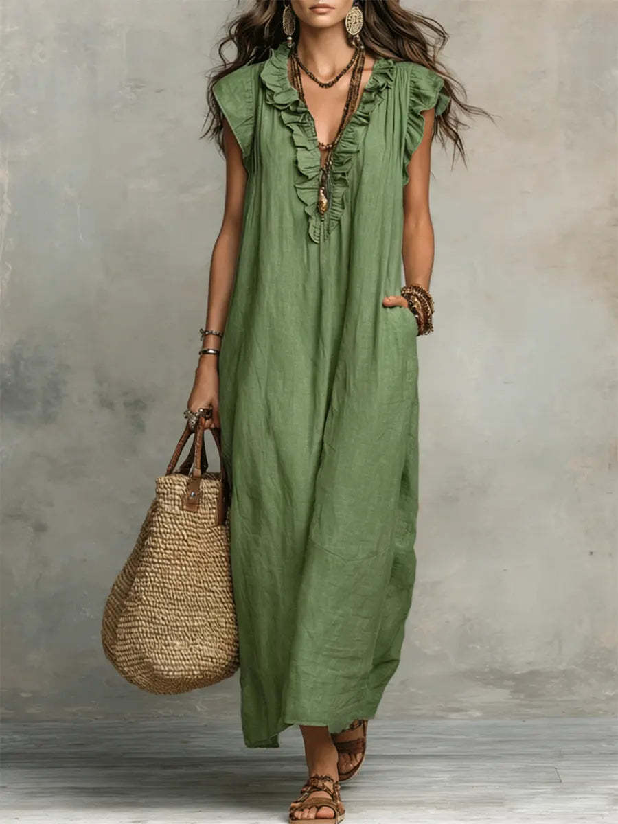 Casual V-Neck Lotus Skirt