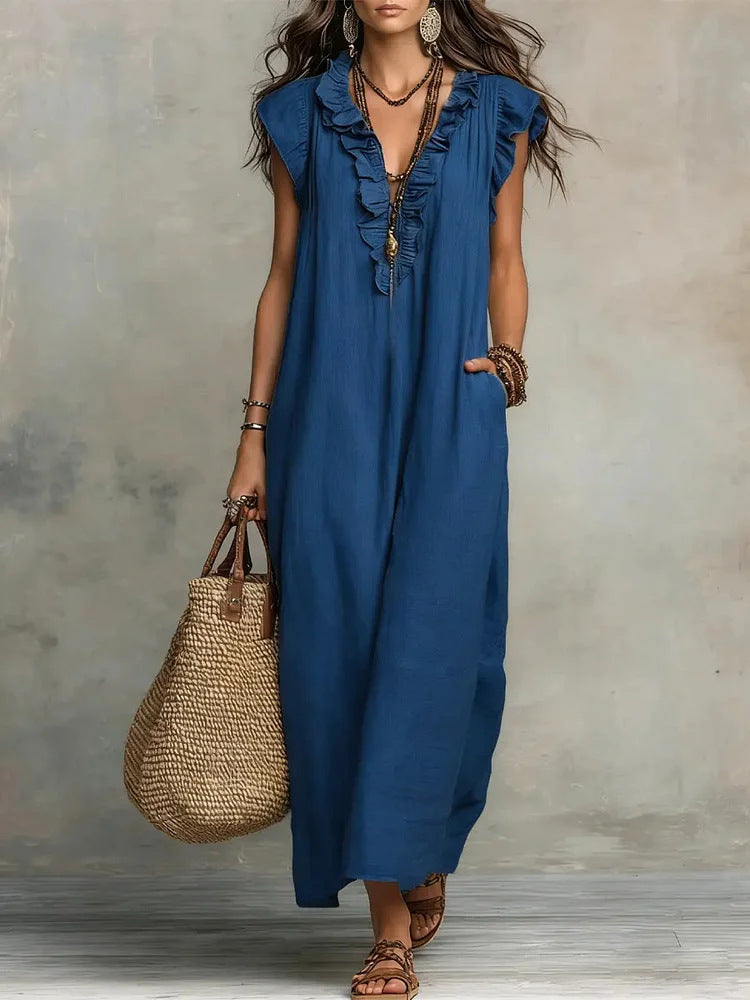 Casual V-Neck Lotus Skirt