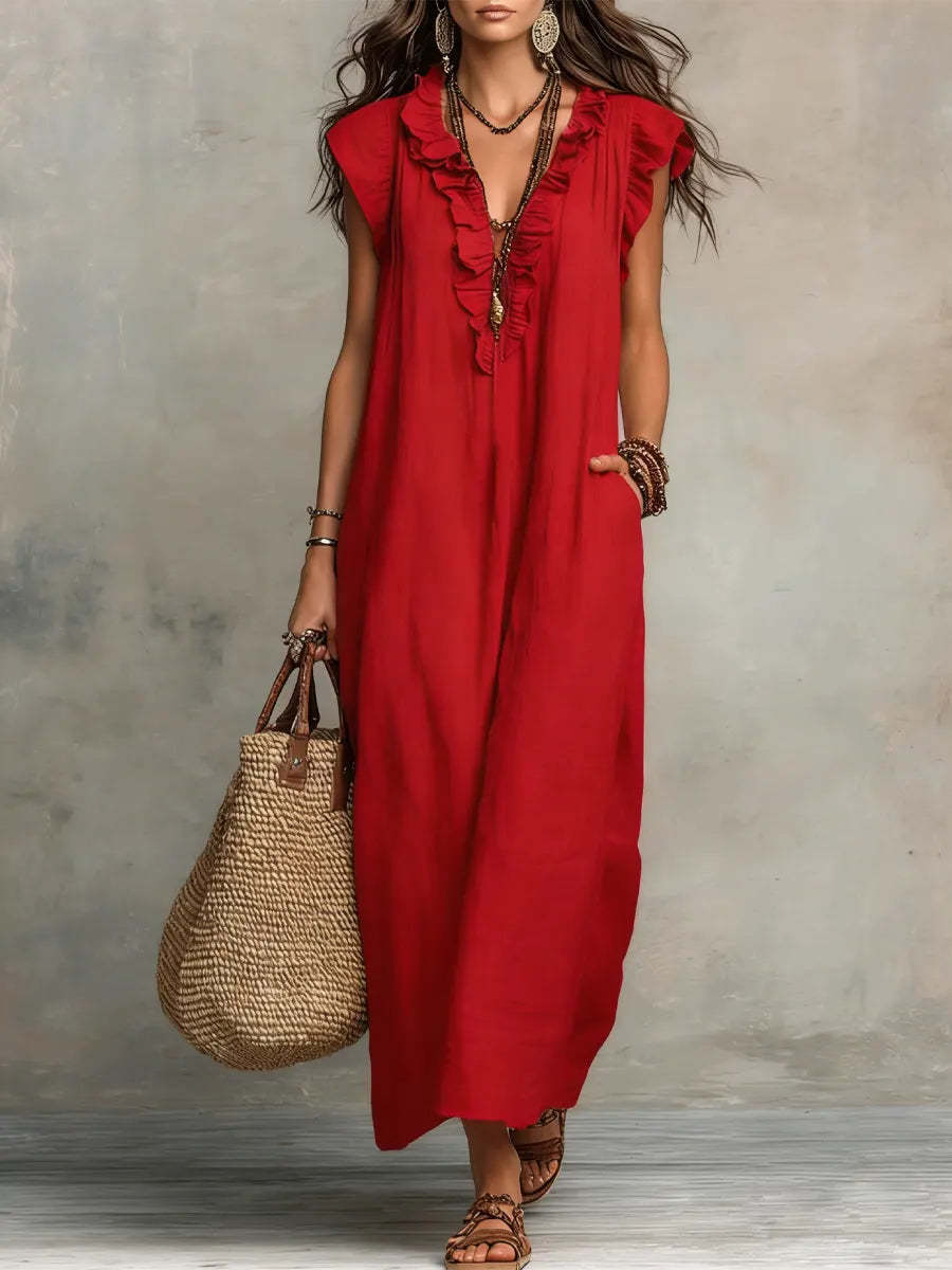 Casual V-Neck Lotus Skirt