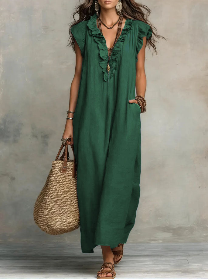 Casual V-Neck Lotus Skirt