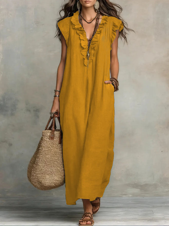 Casual V-Neck Lotus Skirt