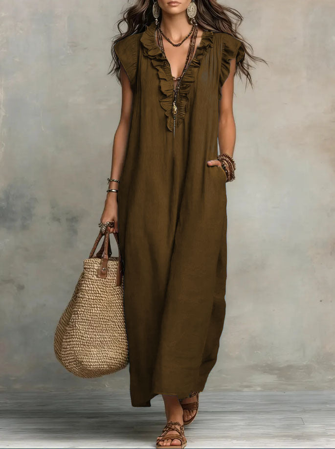 Casual V-Neck Lotus Skirt