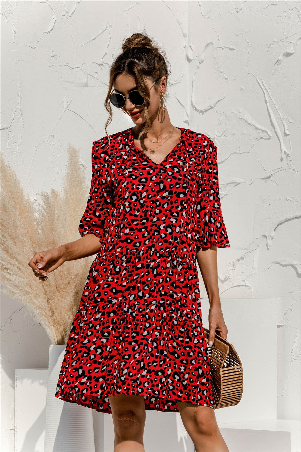 V-Neck Flare Sleeve Dress