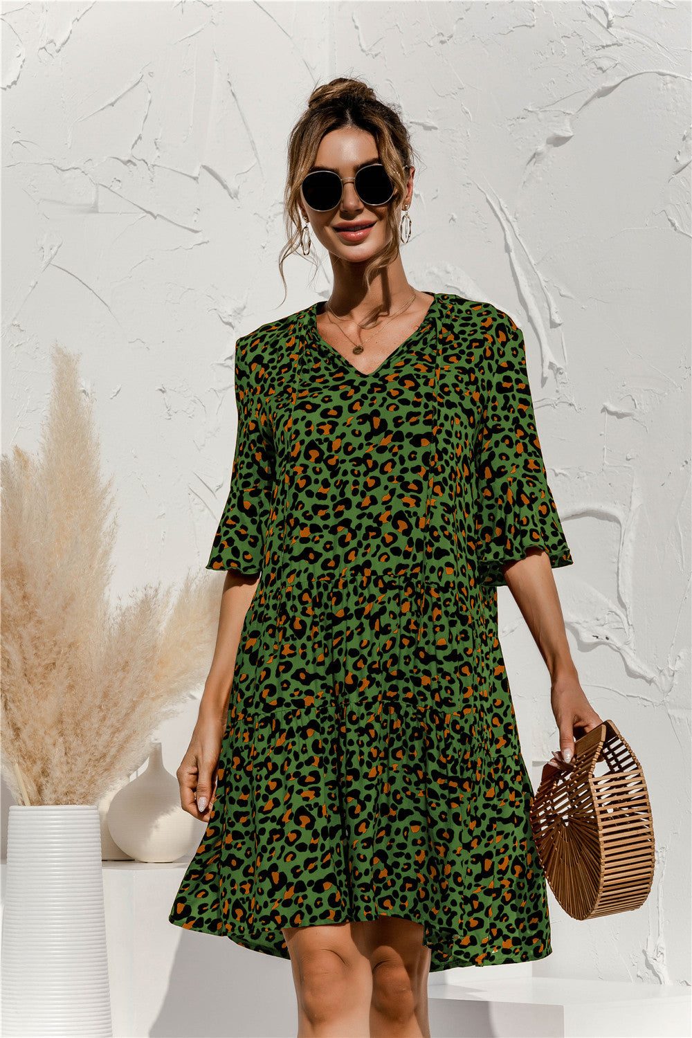 V-Neck Flare Sleeve Dress