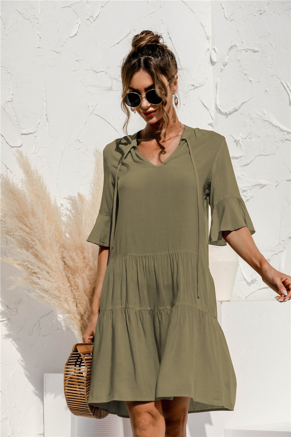 V-Neck Flare Sleeve Dress