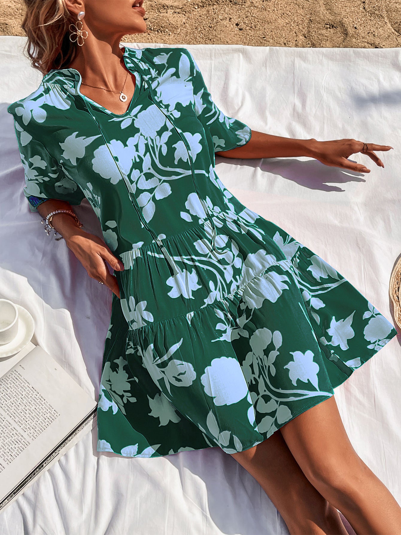 V-Neck Flare Sleeve Dress